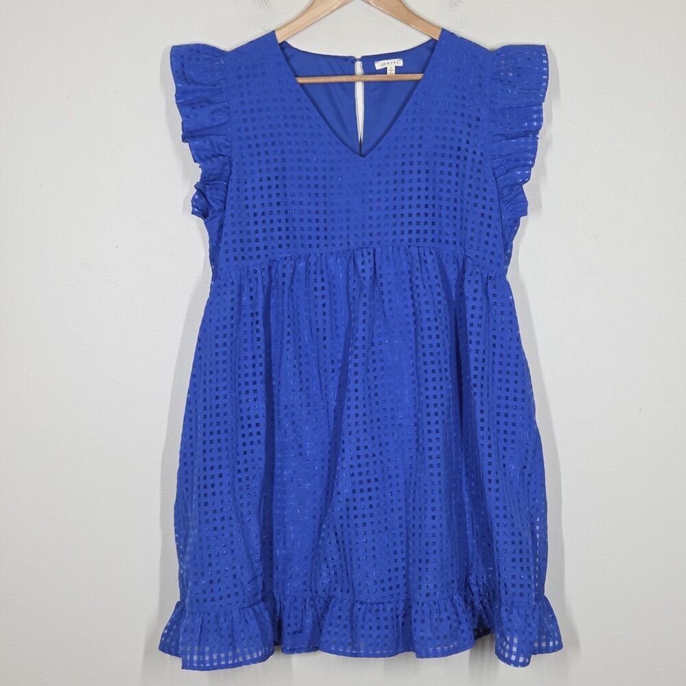 Jodifl Blue Ruffle Sleeve Grid Babydoll Mini Dress L Preppy Coquette Church Boho